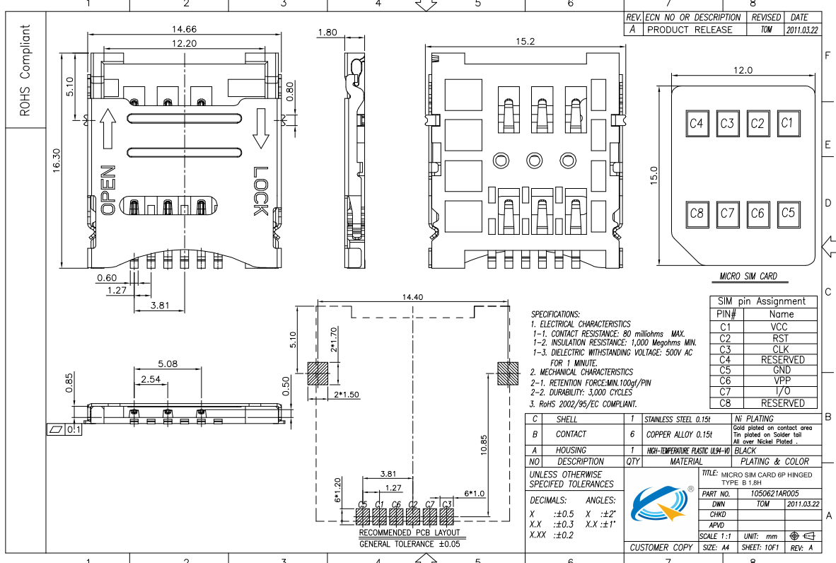 MICRO SIM CARD 6P掀蓋式 1.8H TYPE-B卡座圖紙
