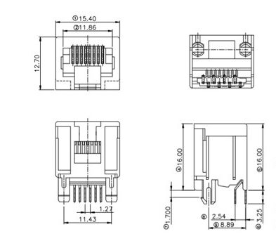 黑色直插式RJ45插座尺寸圖